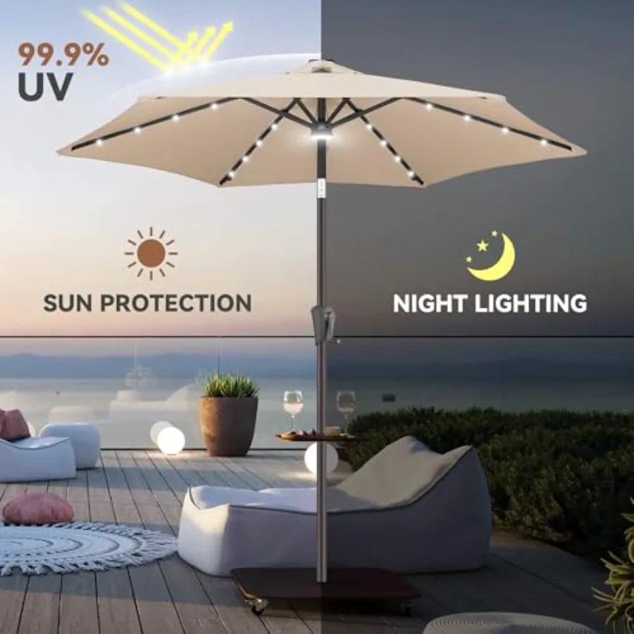 Solar Umbrella Outdoor - Lighted Solar Patio Umbrella with 24 LED Lights Waterprool UV Protection, Table Umbrella with Tilt for