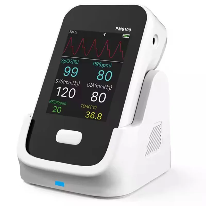 Portable patient monitor with SpO2, PR, HR, ECG, RESP, and NIBP functions, handheld vital sign monitor