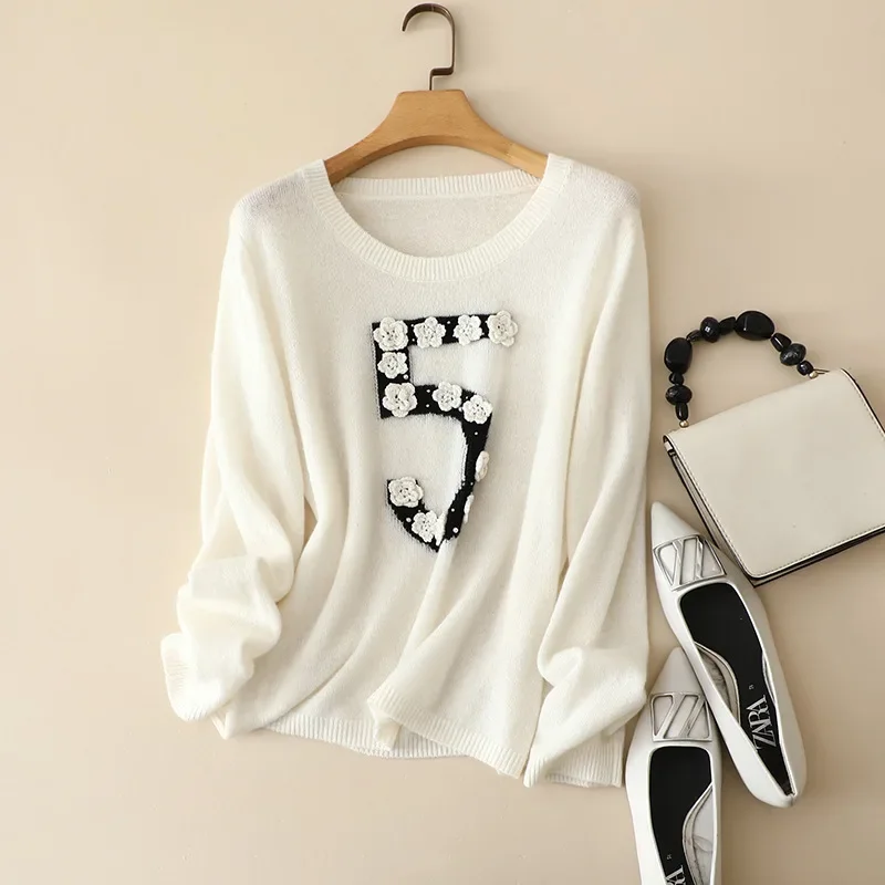 autumn winter korean trendy cozy 100% cashmere embroidery sweater