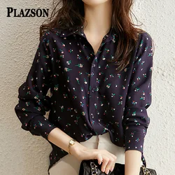 Plazson-女性用フローラルプリントシャツ,長袖ブラウス,ラペル付きカジュアルオフィスシャツ,ファッショナブル,韓国,秋