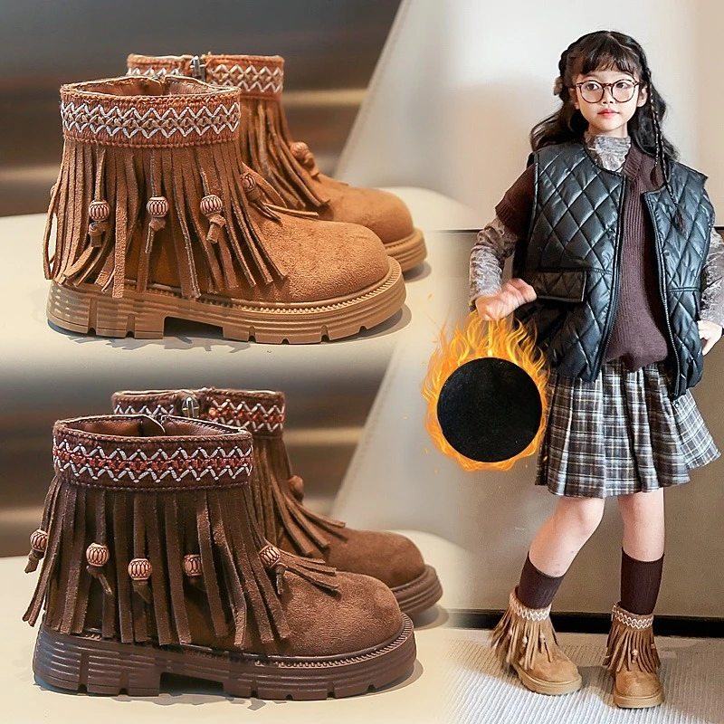 

Girls Short Boots Sweet Tassel Ethnic Style Children Ankle Boots Retro Soft Sole 2025 Winter New Kids Casual Boots Round Toes