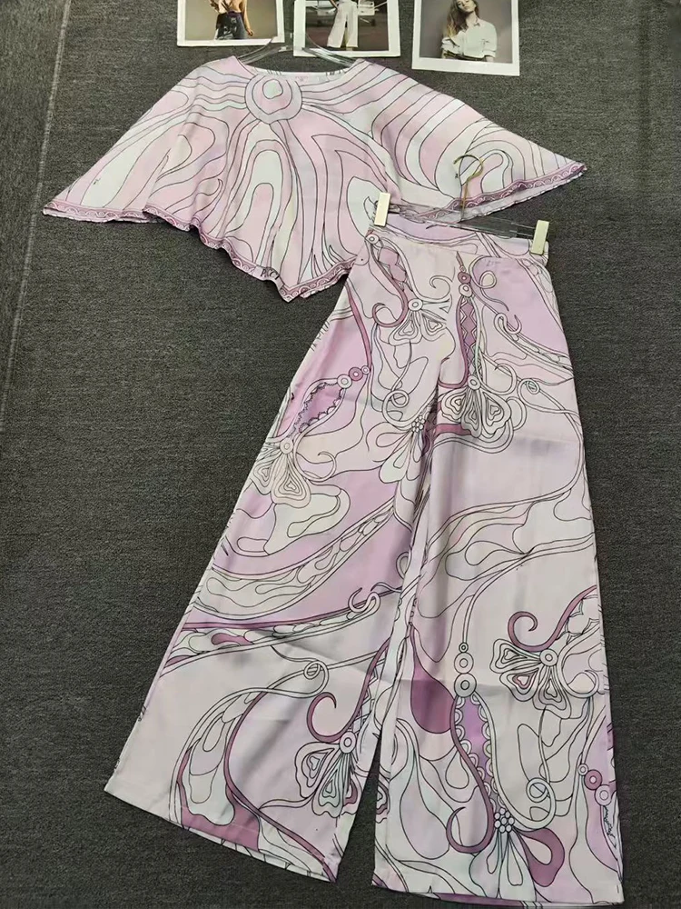 Designer retro geometric print irregular pullover two-piece 2026 summer women's dress+loose wide-leg pants fashion suit