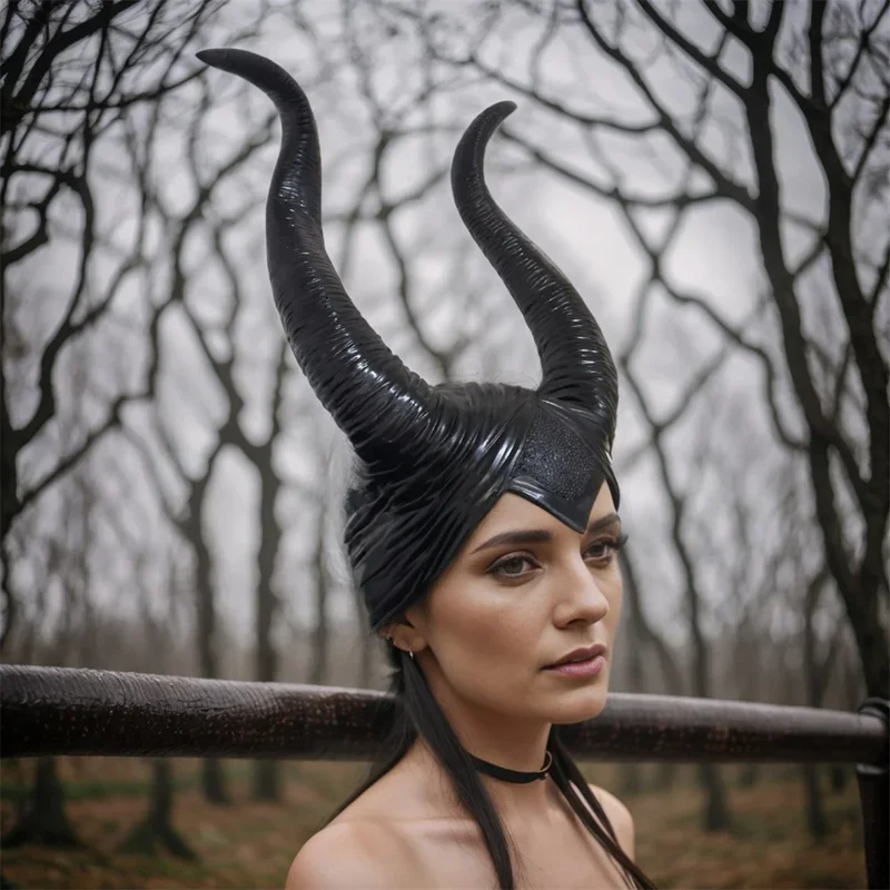 FC6Queen/Women Demon Black Big Horn Tiara Hat Head Cover Maleficent Witch Headpiece Movie Peripheral Halloween Cosplay!