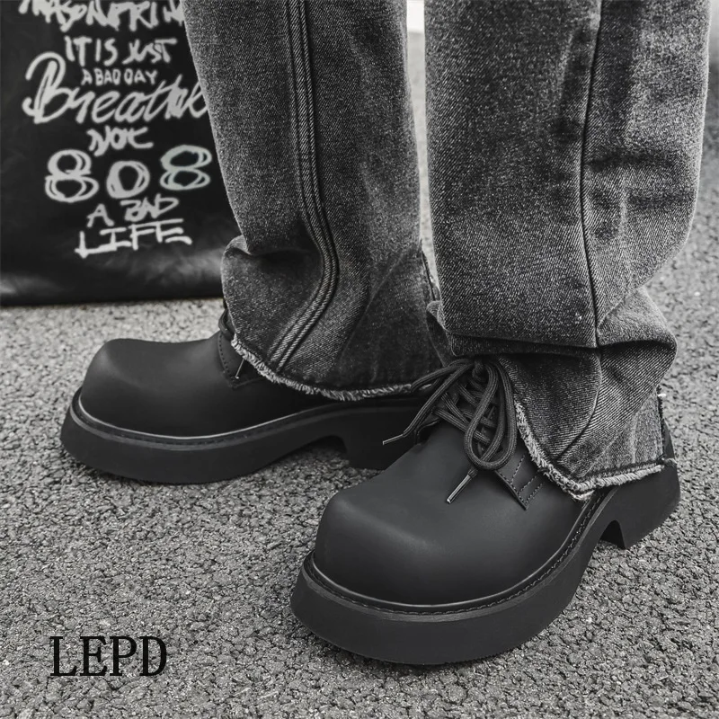 LEDP Brand Big Head Derby Shoes Men's Advanced Sense Commuter Black Thick Sole Tide 2024 New Increase Japanese Shoes