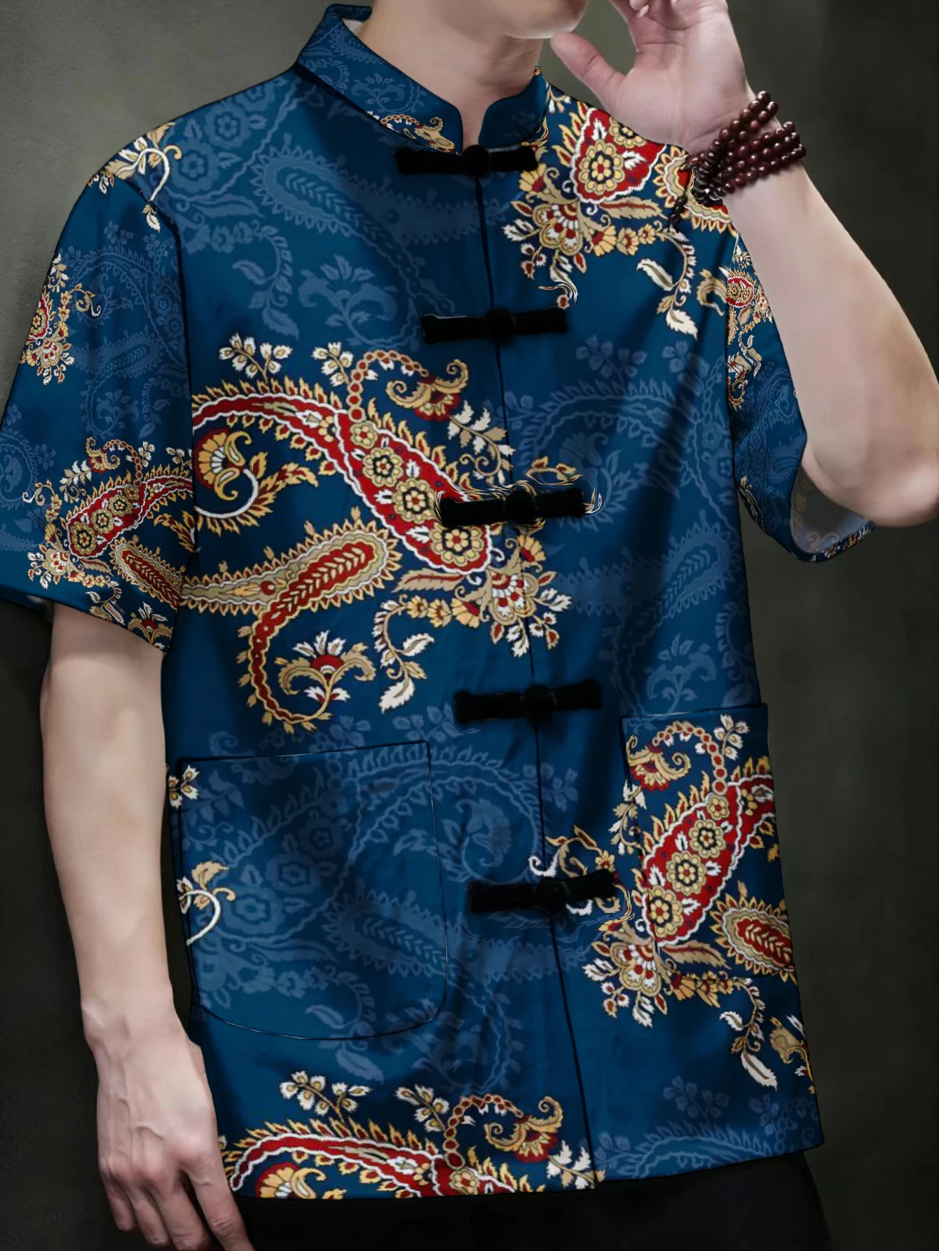 男性用、中国風の唐装、半袖シャツ、伝統的な蛙ボタン、スタンド - Ethnic Wear Fashion Designer のレビューと価格