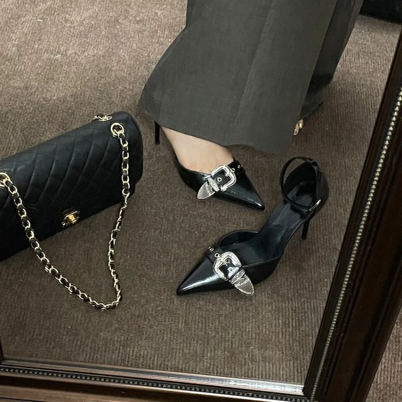 

Summer New Style Pointed Toe Shallow Mouth Metal Buckle One Buckle Strap Anti-Slip Wear-Resistant Sandals Pointed Toe High Heels