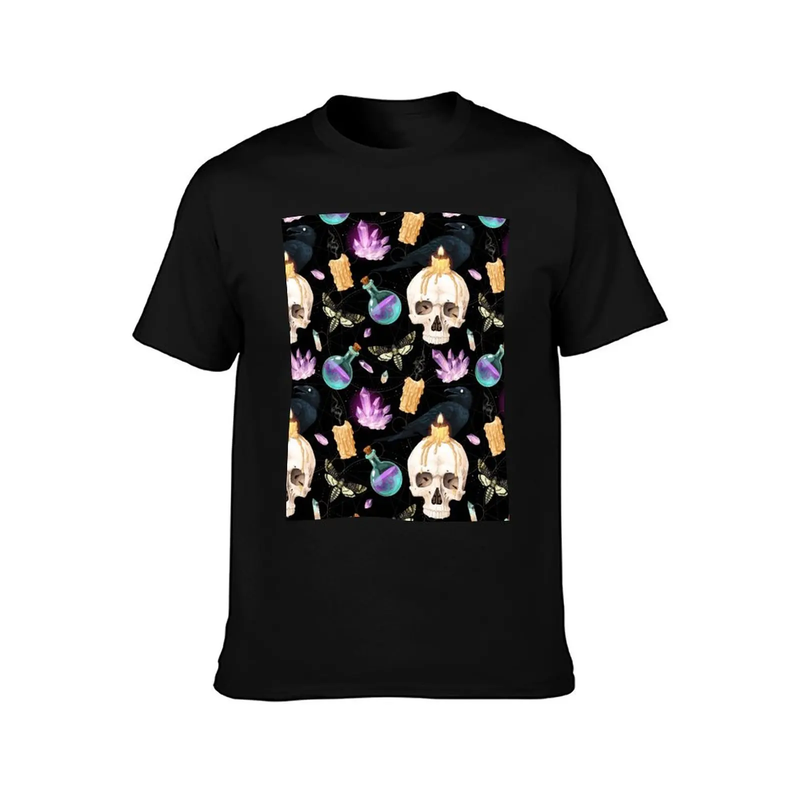 Gothic Skulls Candle Crystals Crows Moths Black Patterned T-Shirt Lightweight Running Sports T-Shirt