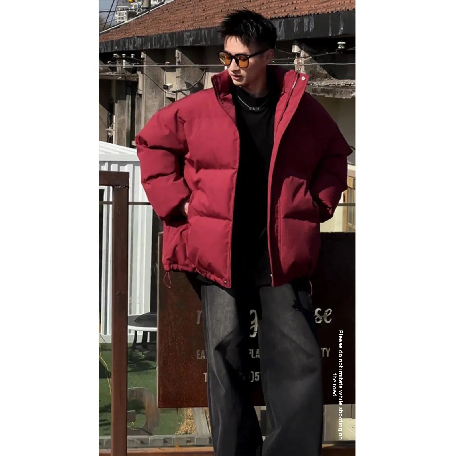 

Red Wine Color Thiened Winter Jaet Men's down Coat Warm Stand Collar Bread Sle Clothing Plain Color Polyester Fiber