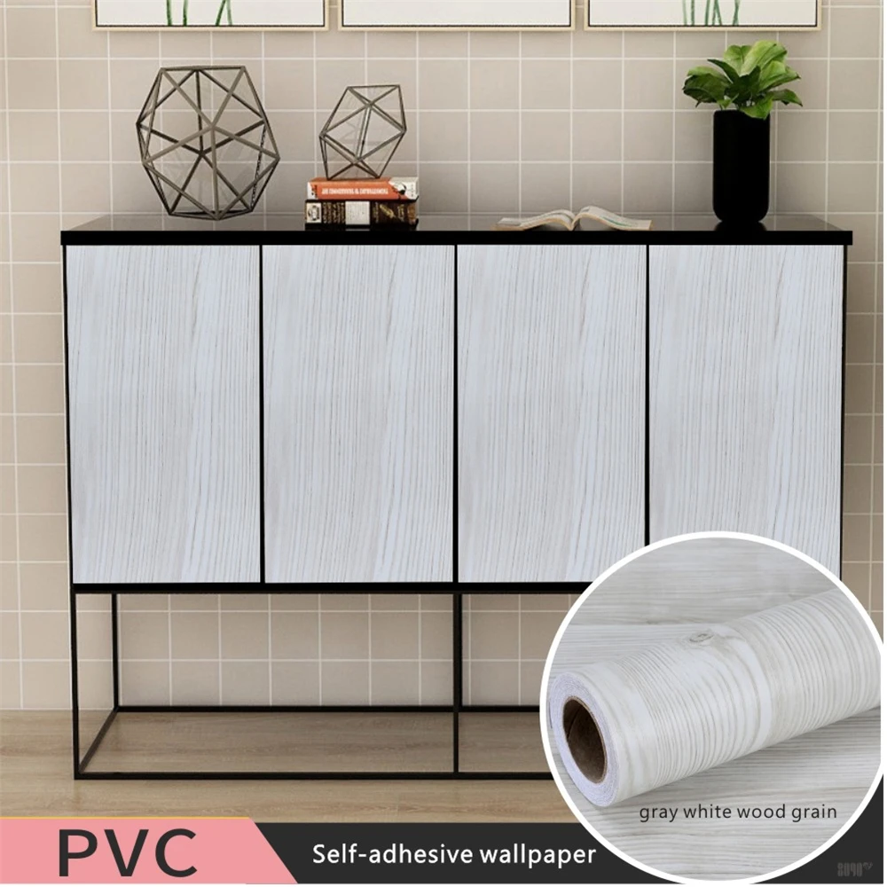 Gray White Wood Grain Stickers Wardrobe Cabinet Table Furniture Renovation Stickers  Self-Adhesive PVC Waterproof Wallpaper