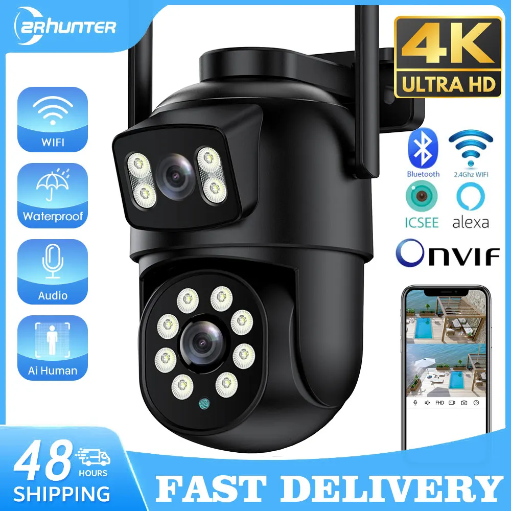 Wifi PTZ Camera Dual Lens 4K 8MP External IP Camera 4MP Auto Tracking Security Protection Outdoor CCTV Surveillance iCsee P2P