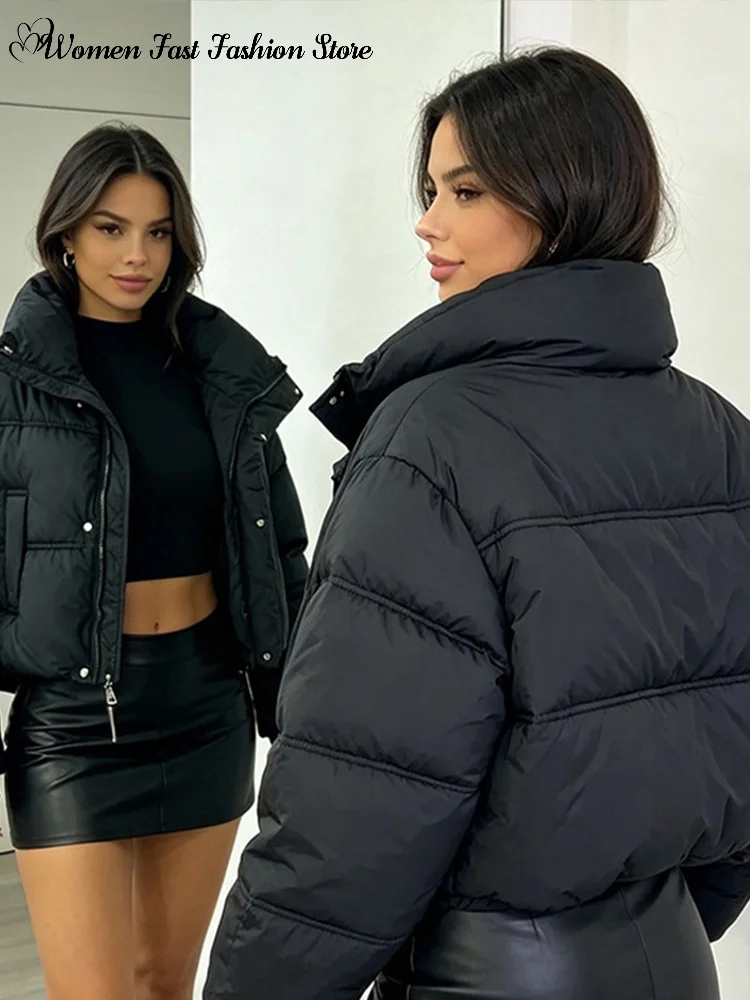 2026 Winter Female Zipper Quilted Jackets Women's Solid Stand Collar Buttons Pockets Cropped Cottons Coat Ladies Warm Outwear