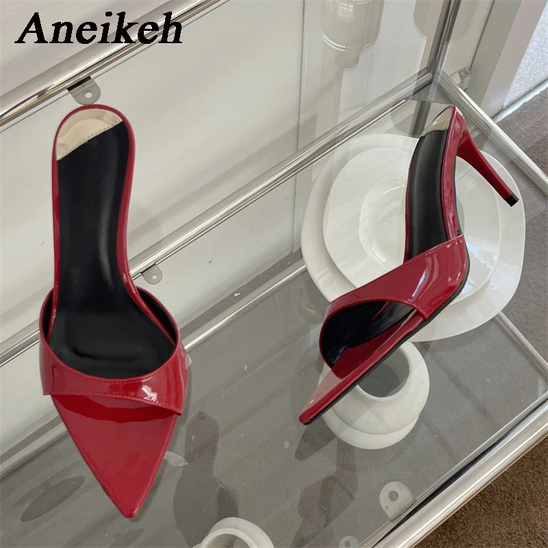 Aneikeh2024 Fashion Sexy PU Shallow Slim High HeelsWomen\'s Pointed Open Toe Outdoor Solid Color Anti slip Sandals Slippers Mules