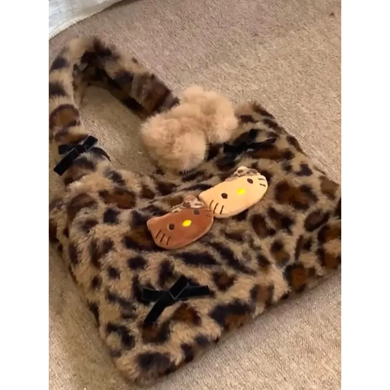 

New Handmade Maillard Plush Leopard Print Tote Bag Large Capacity Vintage Commuter Fashion Handbag Birthday Gift for Women Girls