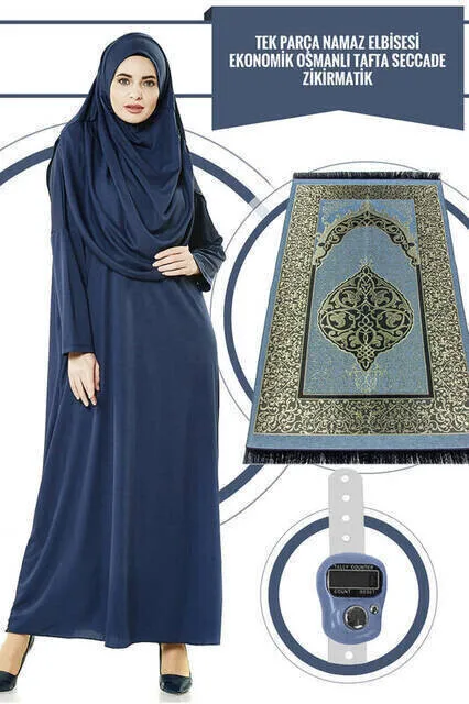 

IQRAH One-Piece Prayer Gown-Navy Blue-5015 and Prayer Rug and Zikirmatik-Triple Suit