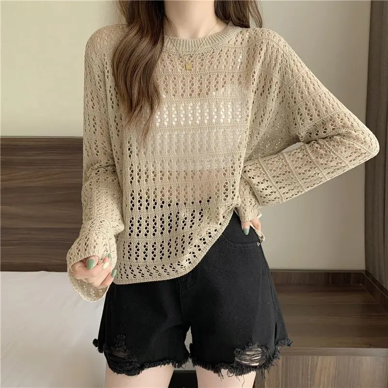 Summer New Thin Hollow Out Knitted Sweater Long Sleeve Round Neck Solid Color Loose Tops Tees Simplicity Fashion Women Clothing