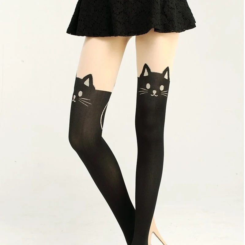 Women Cute Black Cat Printed Silk Knee Socks Casual Thigh Cotton Warm High Over Knee Socks Cute Romantic Socks