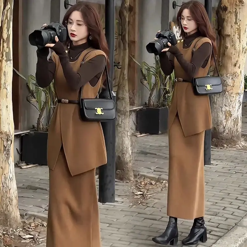 New High Quality Fashion Three Piece Set Women Autumn Winter Slim Sleeveless Vest + Bottoming Long Sleeve Top + Slim Skirt Suit