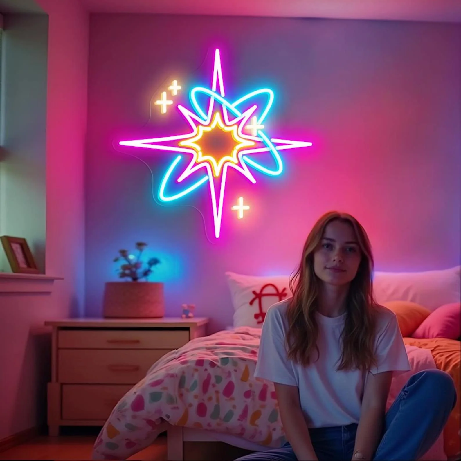 

Star Neon Sign Colorful Wall Decor Kids Room Sign Modern Space Theme Neon Retro Star Bedroom Home Decor