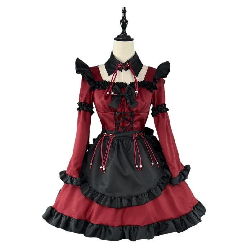 Disfraz de Cosplay de diablo de sirvienta gótica de Halloween para mujer, vestido de princesa de fiesta de Lolita dulce, delantal, tocado, ropa de cuello, talla grande Cos