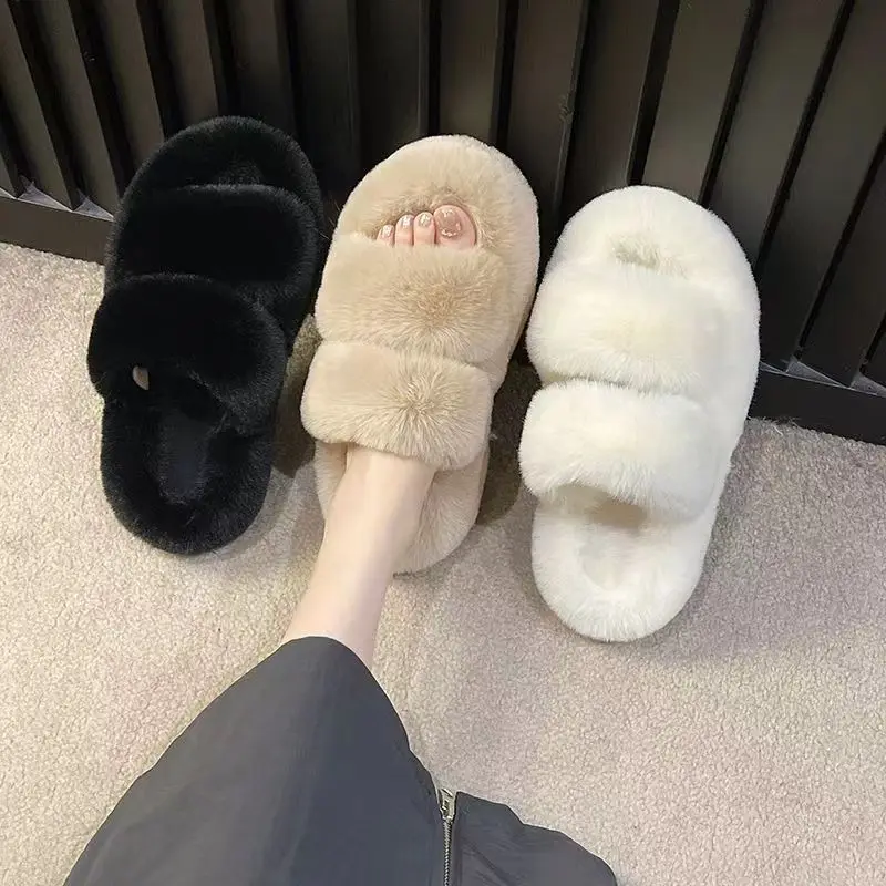 

Home Warmth Fleece Women's New Autumn/Winter Fashion Thick-Soled Double-Strap Cotton Slippers