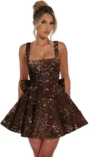 

Sparkly Velvet Homecoming Dress with Sequins Spaghetti Straps A-line Mini Formal Ball Gown with Bow above Knee for Women
