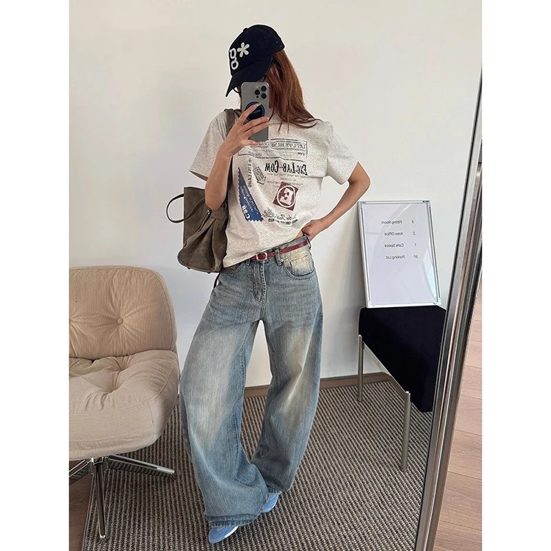ZHIZOU, pantalones vaqueros informales azules para mujer, pantalones vaqueros holgados estéticos Vintage de cintura alta, pantalones vaqueros Harajuku Y2k Trashy 2000s