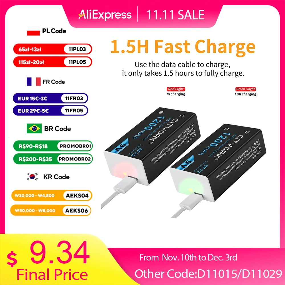 CITYORK 1200mAh لبطارية قابلة للشحن 9 فولت مع كابل USB-C بطارية ليثيوم أيون 9 فولت 6F22 لطائرة هليكوبتر RC لعبة متعددة KTV #1