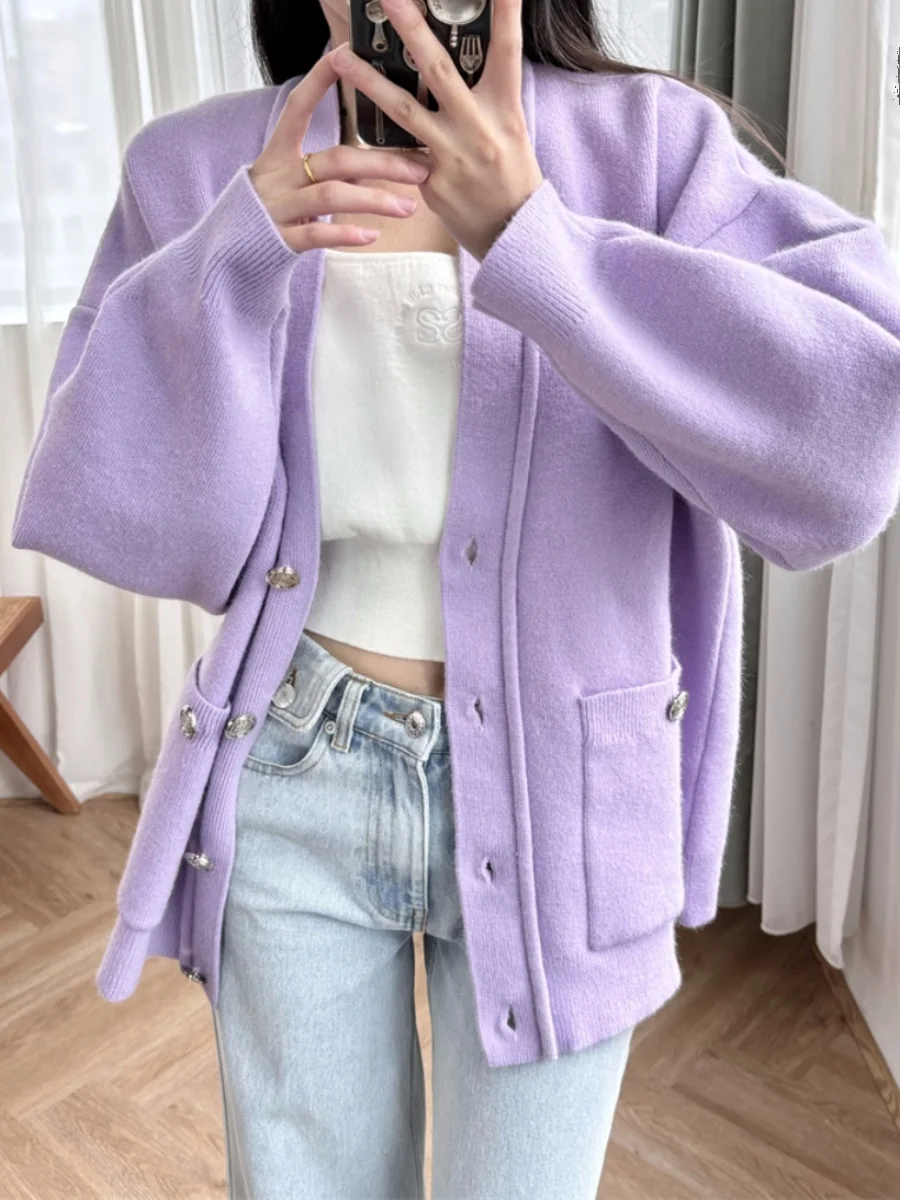 Faionable violet clair tricoté ouvert Cardigan coupe ample printemps 2025 Quali brodé femmes longue Sve v-ne pull