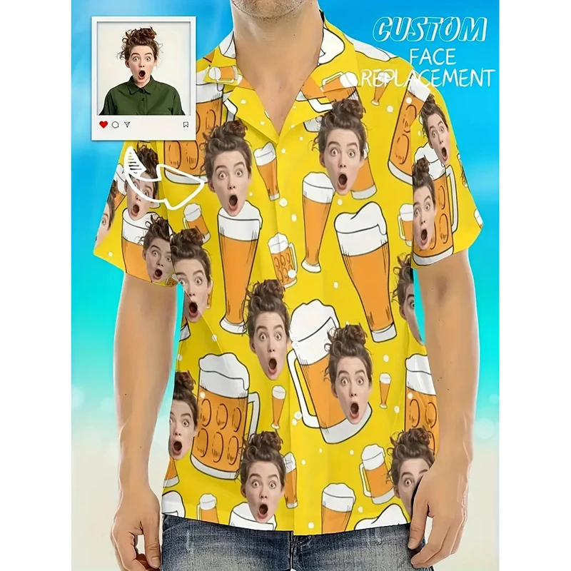 

Oktoberfest Funny Custom Face Photo Shirt Unisex Cartoon Beer Graphic 3D Print Lapel Loose Button Hawaii Shirts Summer Trend