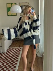 Fashion Stripe With Scarf Loose Knitted Cardigan Women Casual Single Breasted Long Sleeve Sweater Autumn Lady New Knitwear Top