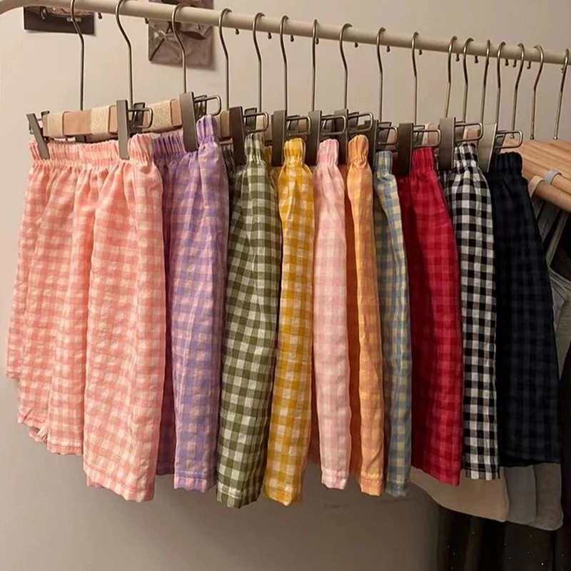 

New Summer Shorts Pajamas Cotton Women Shorts Women's Bottoms Soft Pants Plaid Print Loose Pants Womens Pajama Pant
