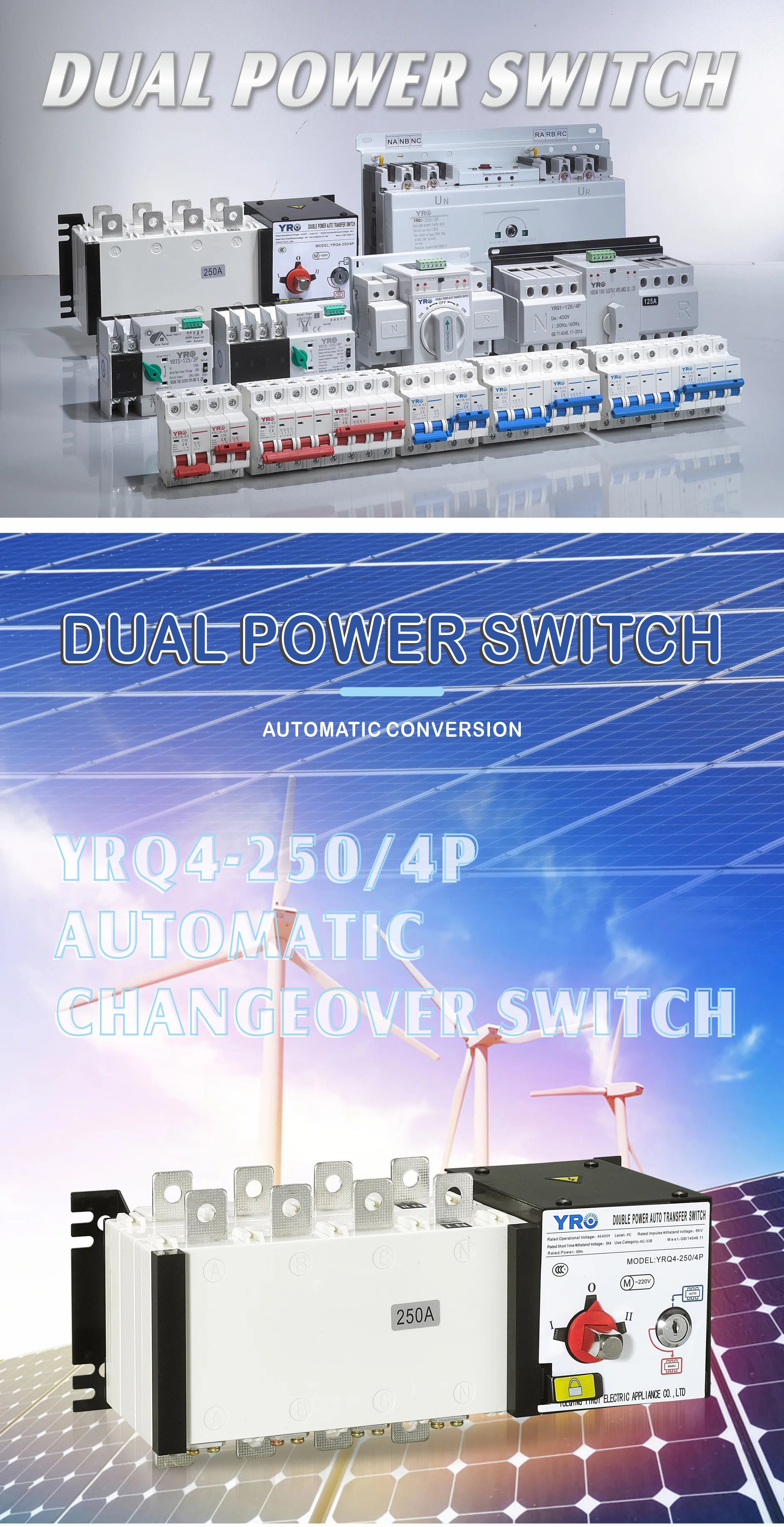 YRO ATS 4P Automatic Transfer Generator Start ATS With Key Operation Emergency Backup Power Changeover For Home Electrical Loads