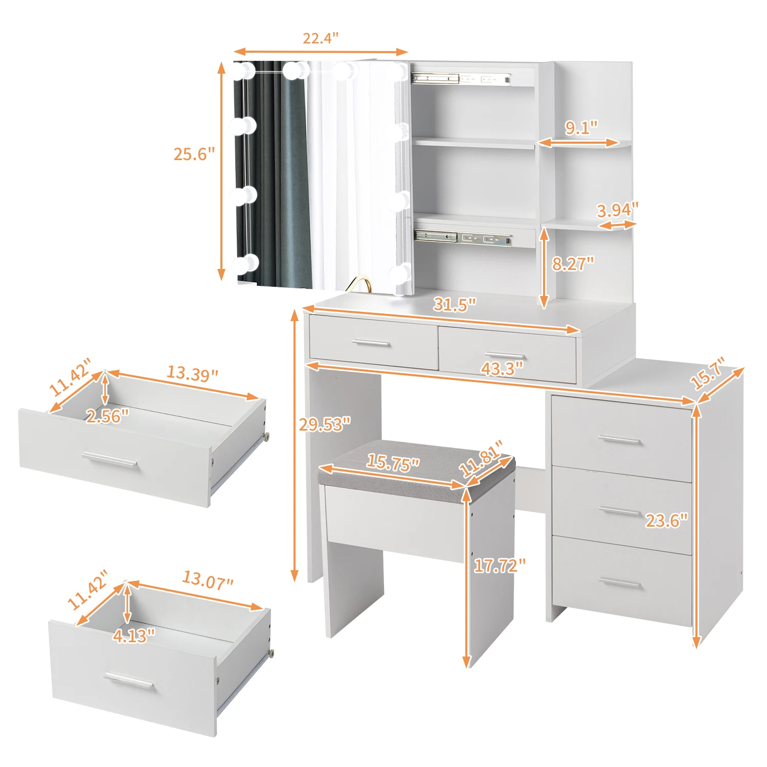 Particleboard Triamine Veneer 5 Pumps 2 Shelves Mirror Cabinet Three Dimming Light Bulb Dressing Table Set White