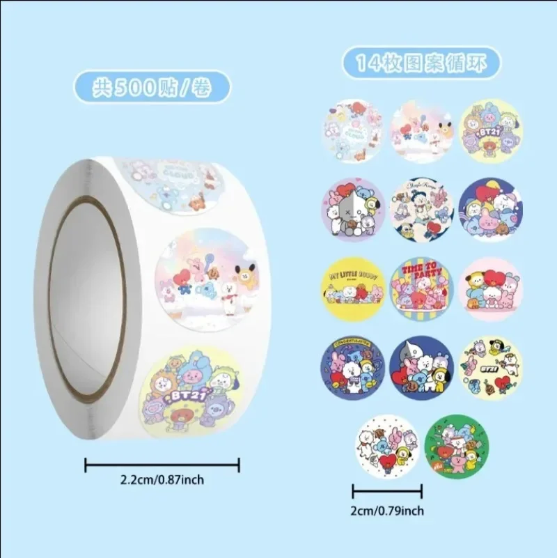 500 Rollen BT21 Cartoon Wasserfeste Aufkleber, PET-Material Scrapbook-Zubehör, DIY-Dekoration für Handyhülle Wasserflasche Gepäck