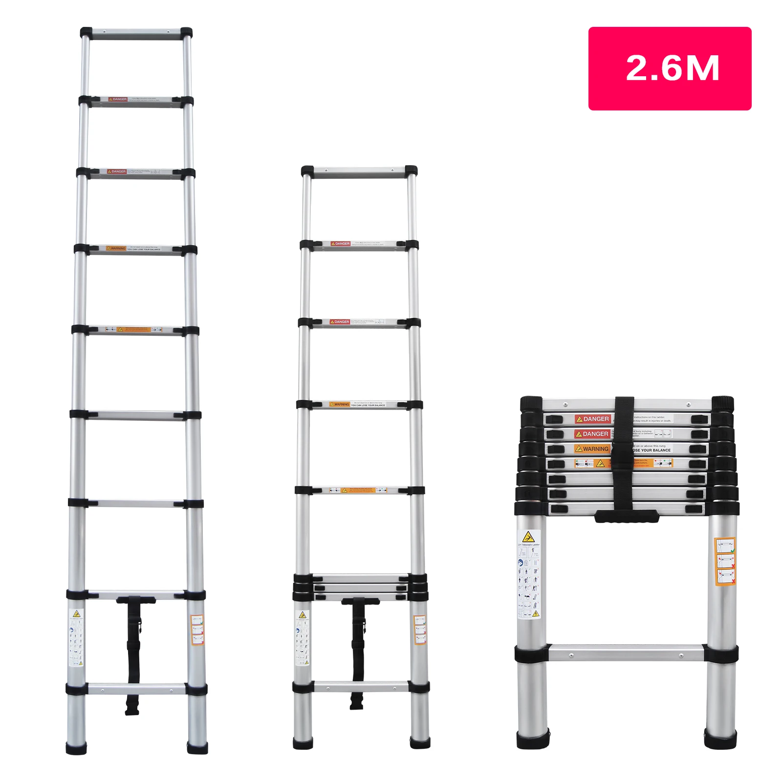 Aluminiumleiter Teleskopleiter Hochleistung 2,6M/3,2M/3,8M/4,4M/5M, A-Form 1,9M/2,5M, 6,2M mit Haken – Detail 1