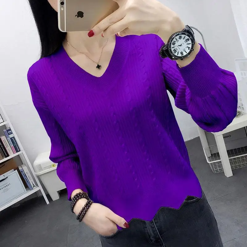 Fashion Loose V-Neck Solid Color Folds Ruffles Sweaters Women\'s Clothing 2023 Autumn Winter Loose Commuter Pullovers Casual Tops