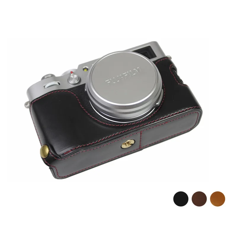 Camera Video Bag PU Leather Case Shell Half Body Base Protector for Fujifilm X100V Fuji X-100V Protective Opening Bottom Cover