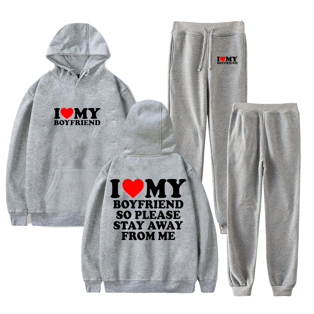 Conjunto de Moletom com Capuz e Calças Jogger para o Dia dos Namorados, Eu Amo Meu Namorado, Eu Amo Minha Namorada, Conjunto de Duas Peças para Mulher