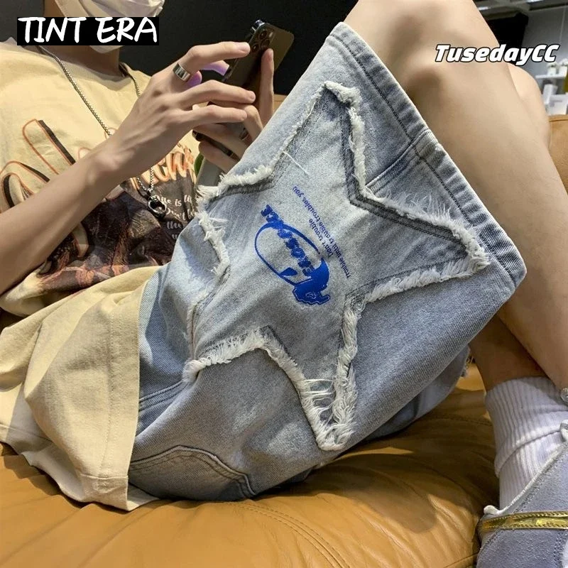 TINT ERA Y2K Mens Streetwear Breeches Star Korean Haruku Pocket Denim Hip Hop Cargo Short Pants Grunge Bermudas Jeans Shorts