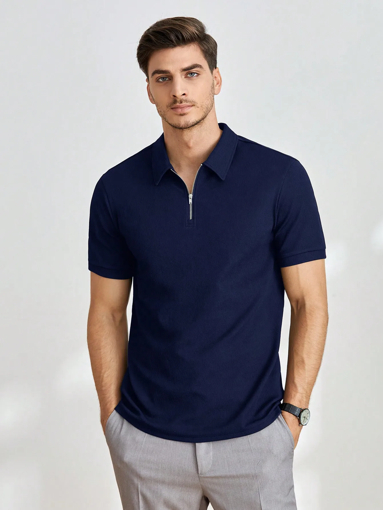 

Men's Navy Solid Quarter-Zip Polo Shirt, Ribbed Knit, Casual Wear