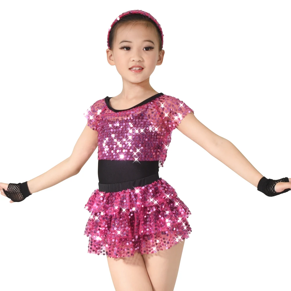 6pcs Jazz Dance Outfits Sequins Tires Dance Dress Tap Dance Costume Leotard Crop Top Skirt Headband Fishnet Gloves