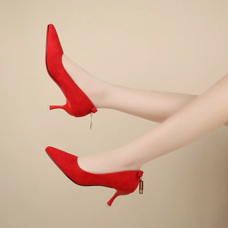 

New Fashion Women's Shoes Sexy Black High Heels Sharp Pointed Suede Pumps Elegant Shallow Mouth Etiquette Shoes Mujer Zapatos