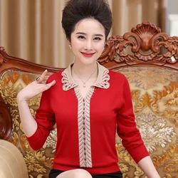 Spring Autumn Elegant Mother Sweater And Pullover Middle Aged Women Casual Lapel Knitted Sweater Loose Fashion Diamonds Jumper