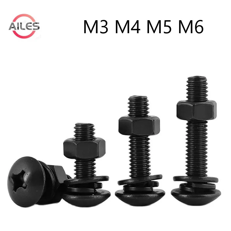 

M3 M4 M5 M6 304 Stainless Steel Black Truss Head Philips Round Mushroom Head Wooden Machine Bolts Washers Nuts Screws Set