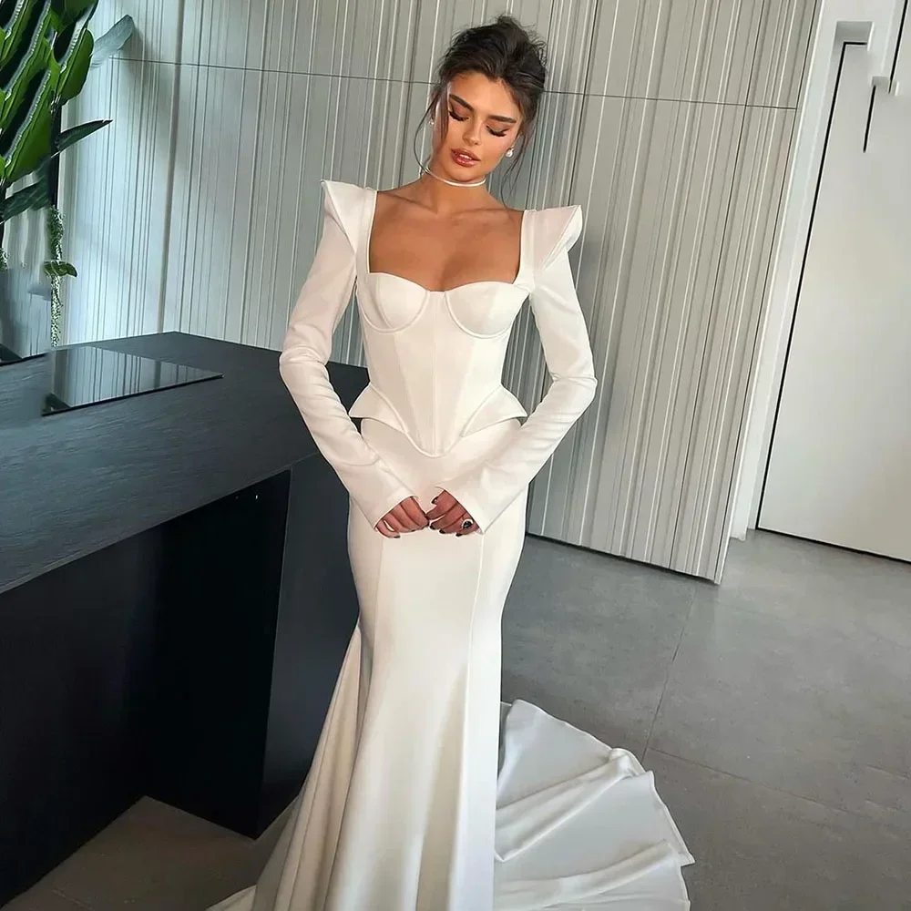 

Customized Prom Dresses Long Sleeves Corset Bridal Gowns Arabic Square Neck Brides Dress Custom Made Robe Exquisite High Quality
