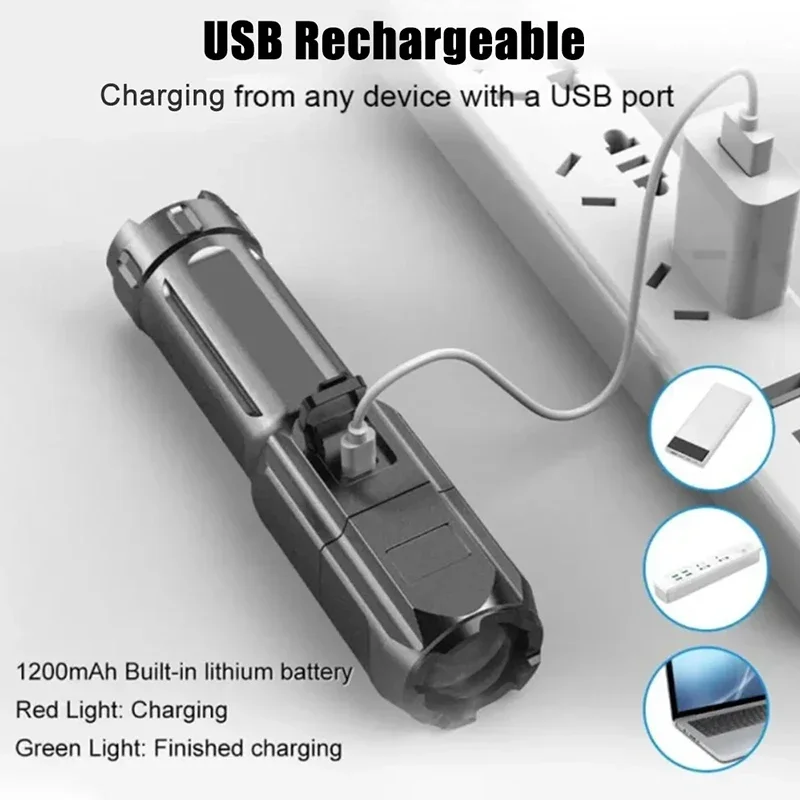 Krachtige LED-zaklamp 1000 lumen tactische zoomzaklampen USB oplaadbare waterdichte buitenvissen jacht LED-zaklamp