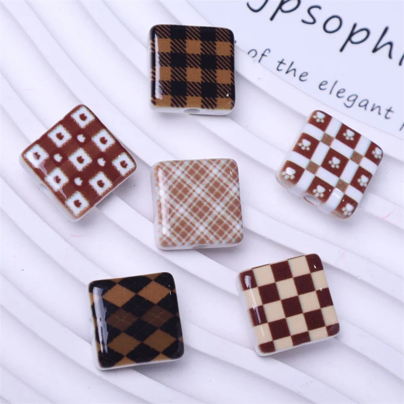 

New arrived 100pcs/lot 16mm color lattice pattern print geometry square shape straight hole beads diy jewelry garment accessory