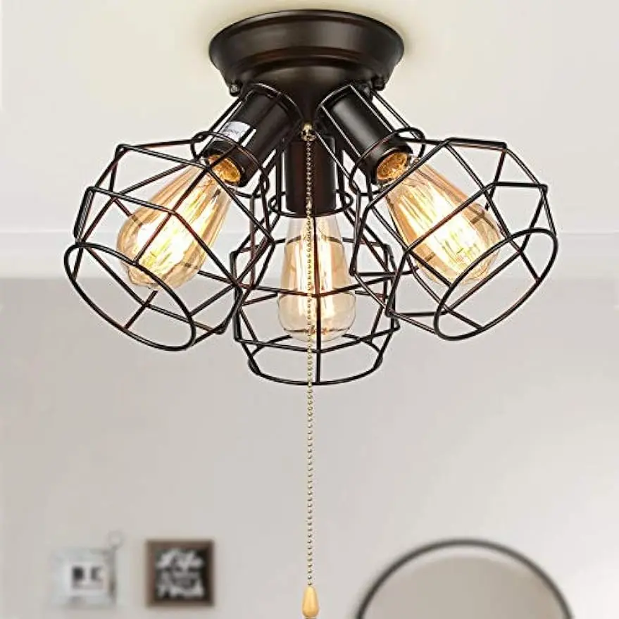 

Chain Ceiling Light with 3-Light, Industrial Wire Cage Lighting in Black Metal, for Entryway, Bedroom, 15" L x 15" Wx 9.5" H