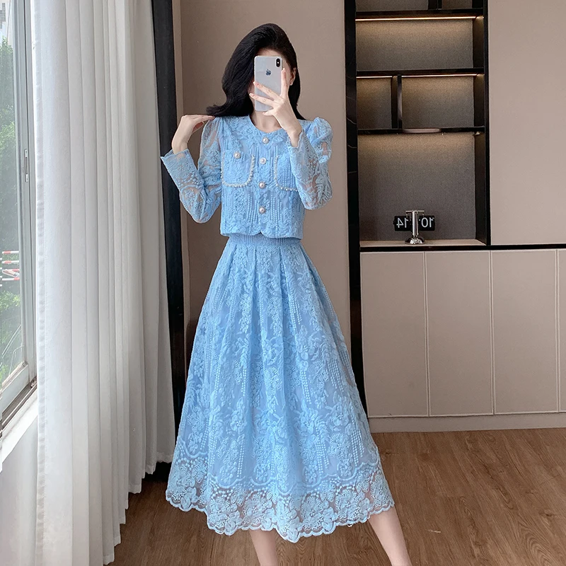 New Luxury High Quality Women\'s Two Pieces Set Fashion Lace Embroidery Beading Long Sleeve Shirt Top + A-line Skirt Women\'s Suit