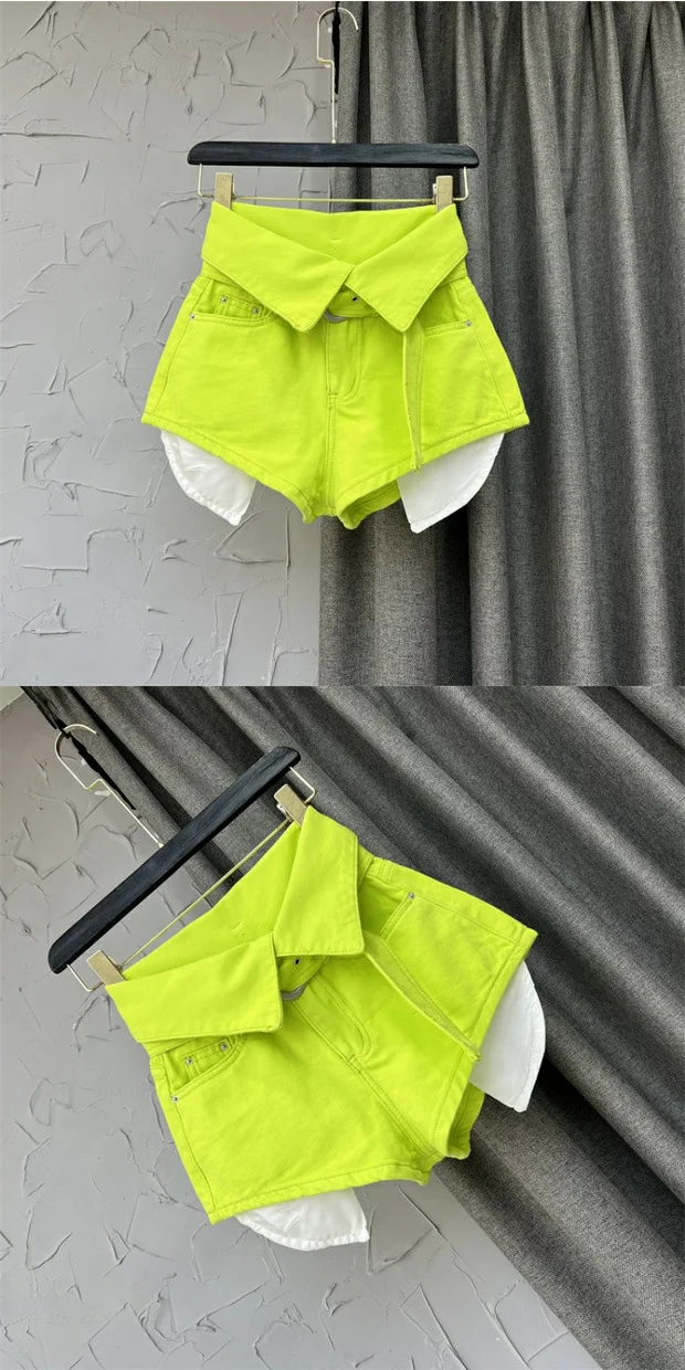 Korean Design High Waisted Wide Leg A-line Shorts Green Denim Hot Pants for Women Jeans